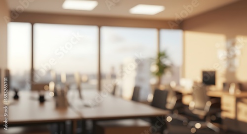 Creative take on Blurred modern office with soft light bokeh. Warm, professional workspace with natural lighting and contemporary design, perfect for corporate backgrounds.