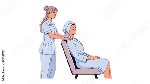 Professional makeup artist applying foundation to a client s face in a well lit beauty salon with a mirror reflecting the scene