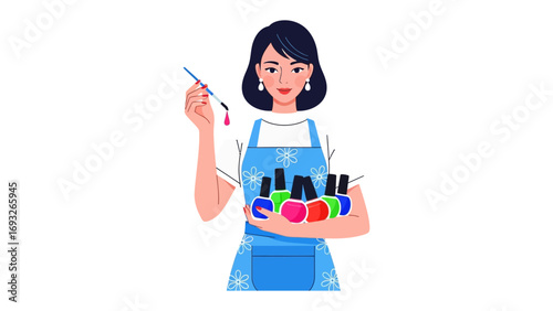 Charming cartoon illustration of a friendly female hairstylist with vibrant pink hair holding scissors and a comb ready for a haircut