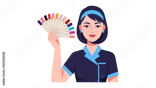 Stylish retro woman with retro hairstyle holding a perfume bottle and spraying fragrance with a confident expression and a vintage uniform