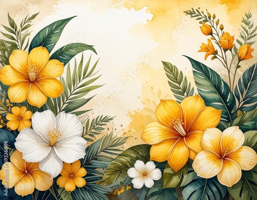 Handcrafted Bohemian Floral Border with Tropical Yellow and White Flowers – Decorative Design Element
