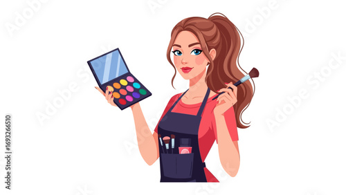 Skilled female nail technician artist with tools and colorful nail polish bottles demonstrating her craft and creativity in a professional salon setting