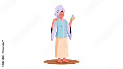 Smiling female makeup artist wearing an apron holding a colorful eyeshadow palette and a makeup brush ready for application