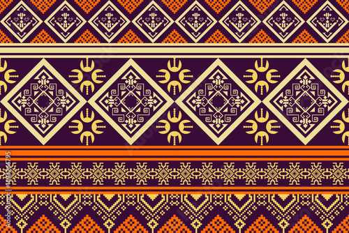 This seamless pattern is inspired by the traditional weaving patterns of hill tribes or ethnic groups in Southeast Asia. It features geometric patterns and is designed for textile printing, wallpaper.