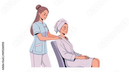 Young woman in a spa robe and towel wrapped hair receiving a relaxing neck massage from a therapist in a salon uniform