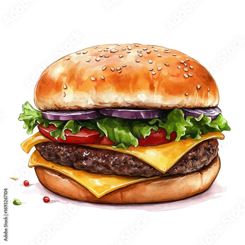 Hamburger, watercolor clipart vector, isolated on a white background.