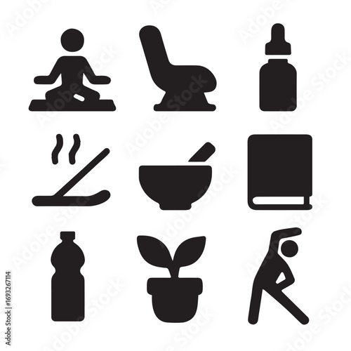 Wellness and relaxation icons isolated on white background for spa or yoga