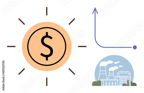 Dollar sign in sunburst circle, industrial factory with chimneys, and upward trend graph. Ideal for energy cost analysis, economic growth, sustainability, financial planning, environmental economics