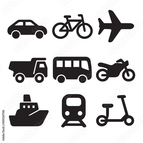 Various modes of transportation isolated on white background are displayed