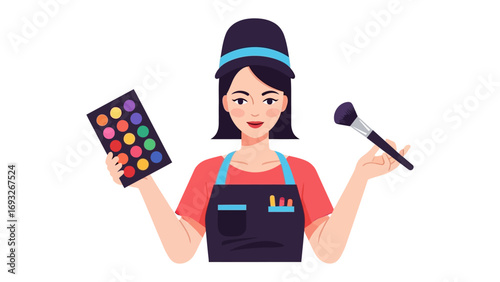 Adorable kawaii style cartoon stylist character holding scissors ready for haircutting and styling services in a salon
