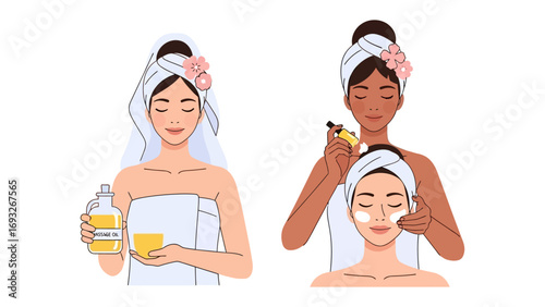 Young woman with a white facial mask applied to her face looking at her reflection in a hand mirror during a beauty treatment