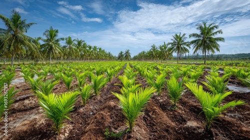 Young coconut palm trees plantation
