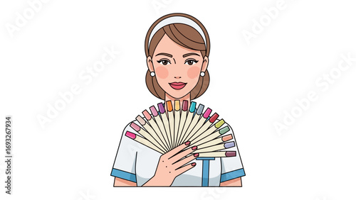 Stylized illustration of a young woman with dark hair and earrings holding a curling iron to style her hair with a focused expression