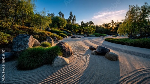 Zen garden landscape sunset