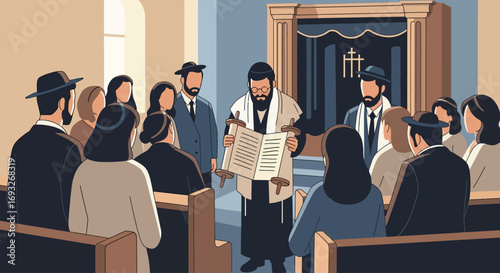 A religious leader reading from a scroll in a synagogue, surrounded by a congregation.