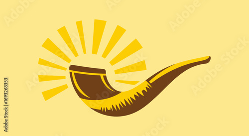 Stylized illustration of a shofar, a ram's horn, with sunburst design, symbolic of Jewish tradition.
