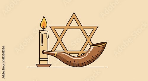 Jewish religious symbols, including a candle, Star of David, and shofar, arranged in a simple design.
