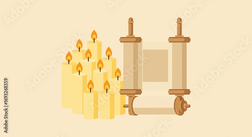 Illuminated candles and Torah scrolls, symbolic of Jewish tradition and religious observance.