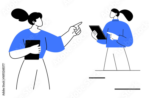 Two individuals exchanging ideas, one holding a tablet and the other pointing. Ideal for teamwork, collaboration, communication, planning, brainstorming, leadership, and a simple landing page