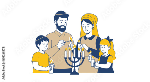 A Jewish family lights candles on a menorah during Hanukkah.