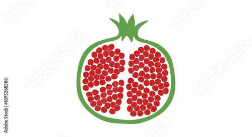 Stylized illustration of a halved pomegranate, showcasing numerous red seeds within a green outline.