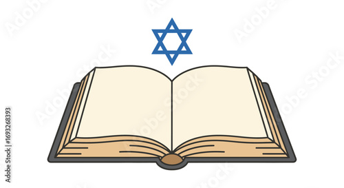 Open book, blank pages, Star of David, Jewish faith, religious text, knowledge.