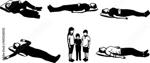 Unconscious Injured Man Lying Down Vector Silhouette. Traffic Accident Victim Needing First Aid and Emergency Medical Help Illustration