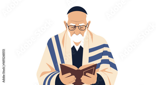 An elderly man with a white beard and glasses, wearing a kippah and a tallit, is engrossed in reading a book.