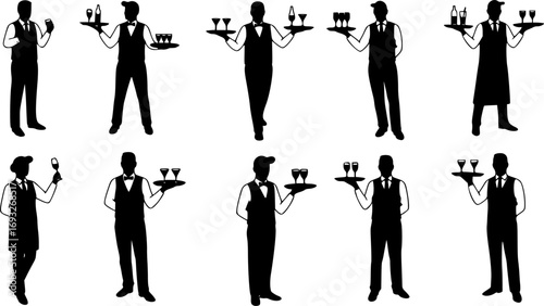 set of Hurry Crew of Waiters Holding Trays with Drinks Silhouettes. Vector Illustration of Restaurant Staff Serving Wine, Cocktails and Beverages to Guests