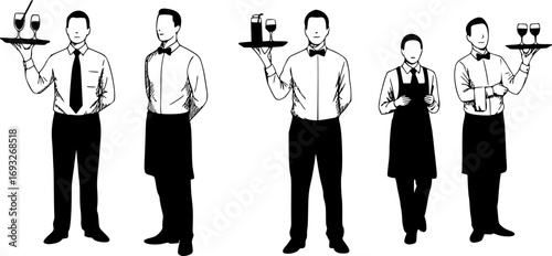 set of Hurry Crew of Waiters Holding Trays with Drinks Silhouettes. Vector Illustration of Restaurant Staff Serving Wine, Cocktails and Beverages to Guests