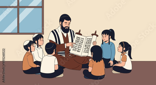 A bearded man in traditional attire reads from a scroll to a group of attentive children gathered around him in a classroom setting.