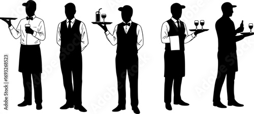 set of Hurry Crew of Waiters Holding Trays with Drinks Silhouettes. Vector Illustration of Restaurant Staff Serving Wine, Cocktails and Beverages to Guests