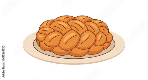 A beautifully braided loaf of golden-brown bread presented on a simple, light-colored plate, ready to be enjoyed.