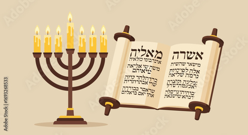 A glowing menorah with seven lit candles stands beside an open scroll featuring Hebrew text, symbolizing religious tradition and illumination.