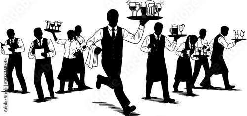set of Hurry Crew of Waiters Holding Trays with Drinks Silhouettes. Vector Illustration of Restaurant Staff Serving Wine, Cocktails and Beverages to Guests