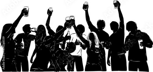 Drunk Addict People Drinking Alcohol Vector Silhouette. Party Friends Celebrating Nightlife, Risk Behavior with Unconscious Man Passed Out