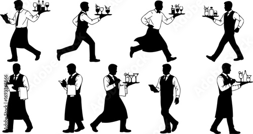 set of Hurry Crew of Waiters Holding Trays with Drinks Silhouettes. Vector Illustration of Restaurant Staff Serving Wine, Cocktails and Beverages to Guests