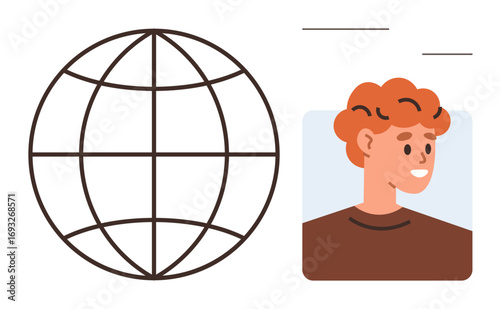 Globe symbol next to a user profile avatar. Ideal for networking, technology, communication, global reach, digital identity, online presence, user interaction. Simple flat metaphor