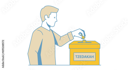 An illustrated man making a charitable donation by placing a coin into a Tzedakah box.