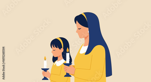 A mother and daughter, both wearing headscarves, holding lit candles in a quiet moment of prayer or spiritual observance.
