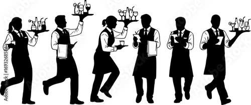 set of Hurry Crew of Waiters Holding Trays with Drinks Silhouettes. Vector Illustration of Restaurant Staff Serving Wine, Cocktails and Beverages to Guests