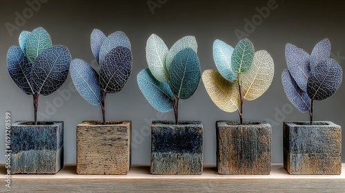 Five small potted plants with stylized leaves in a row on a shelf.