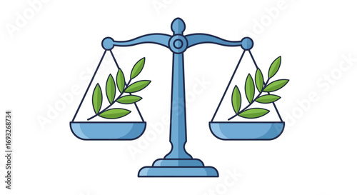 A stylized illustration of a balance scale with olive branches, representing justice and environmental balance.