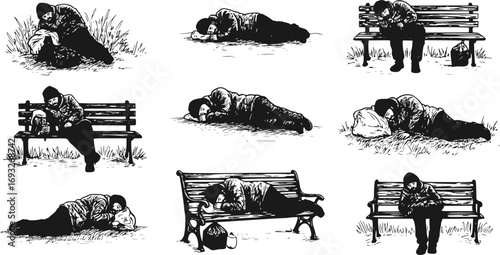 Homeless Man Sleeping on Street in Park Vector Silhouette. Migrant Resting on Ground, Refugee or Unconscious Collapsed Person Illustration