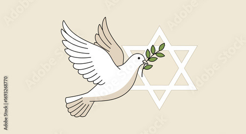 White dove carrying olive branch, flying near Star of David, peace symbol.