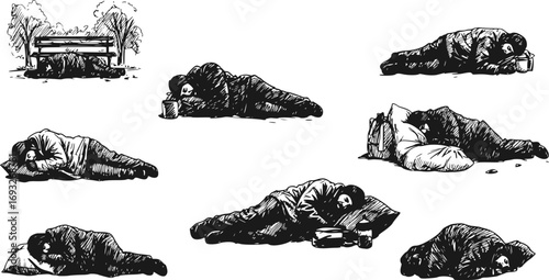 Homeless Man Sleeping on Street in Park Vector Silhouette. Migrant Resting on Ground, Refugee or Unconscious Collapsed Person Illustration