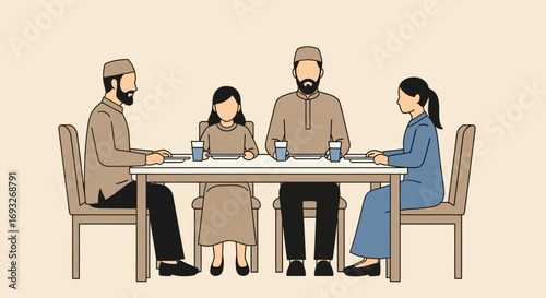 Muslim family sits together at a table, sharing a meal.
