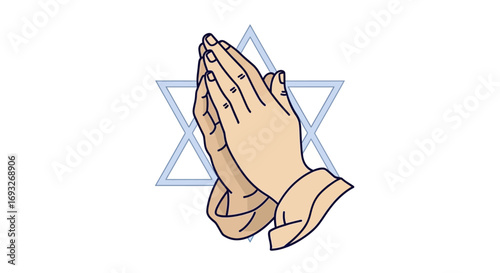 Two hands clasped together in prayer, set against a light blue Star of David symbol, representing faith and spirituality.