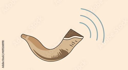 A traditional ram's horn shofar, depicted in a stylized illustration, emitting sound waves that emanate outwards.
