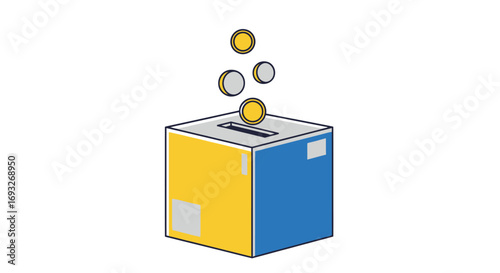 Coins falling into a two-tone blue and yellow donation box, symbolizing charity, savings, and financial contribution.
